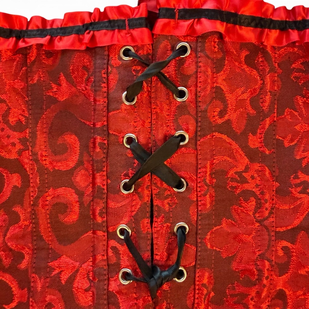Red Brocade Strapless Corset Bustier with Ribbon Trim - Picture 5 of 11